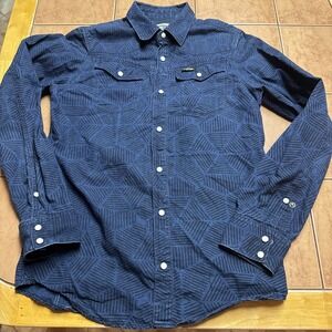 G-Star RAW Shirt Mens Sz Small Blue Denim Geometric White Pearl Snaps Western